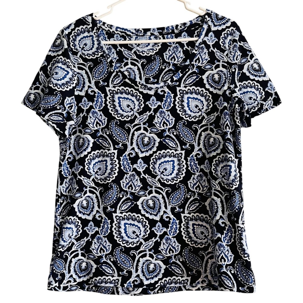 Soft Surroundings Shirt Womens Medium Blue Paisley Scoop Neck Short Sleeve Top